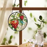 Strawberry Suncatchers Stained Glass Window Hanging, Summer Fruit Sun Catchers Indoor Window Glass Round Wall Decor, Strawberry Wall Hanging Decorations, Fruit Kitchen Decor, 7.9x7.9in
