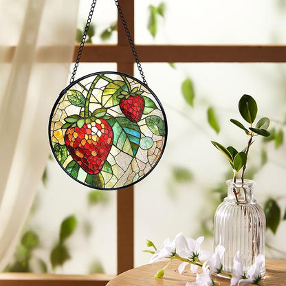 Strawberry Suncatchers Stained Glass Window Hanging, Summer Fruit Sun Catchers Indoor Window Glass Round Wall Decor, Strawberry Wall Hanging Decorations, Fruit Kitchen Decor, 7.9x7.9in