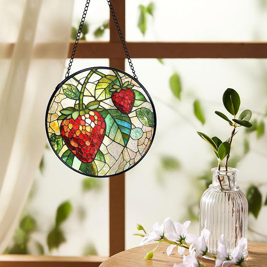 Strawberry Suncatchers Stained Glass Window Hanging, Summer Fruit Sun Catchers Indoor Window Glass Round Wall Decor, Strawberry Wall Hanging Decorations, Fruit Kitchen Decor, 7.9x7.9in