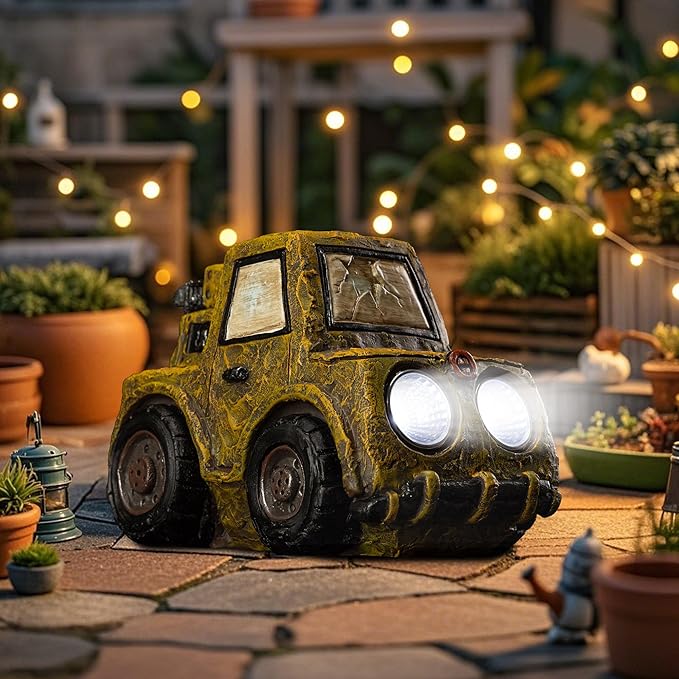 Etlemonde Garden Statue Outdoor Solar Car Decor with LED Light Vintage Resin Sculpture Truck Rustic Decoration for Lawn Patio Yard Gifts for Women