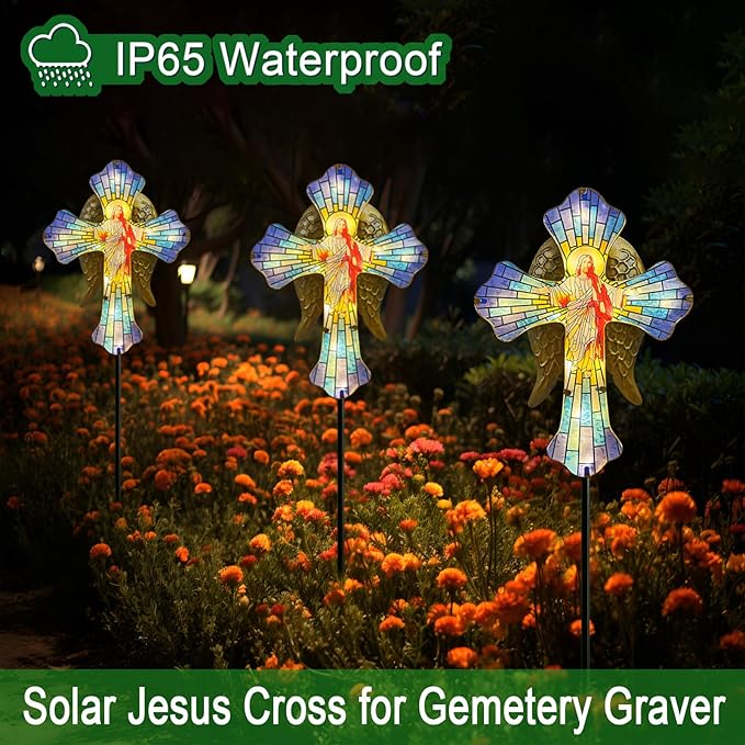 Solar Jesus Cross for Gemetery Graver,Golden Angel Wings,Grave Decorations for Cemetery,Sympathy Memorial Gifts,Christmas Yard Decor Outdoor