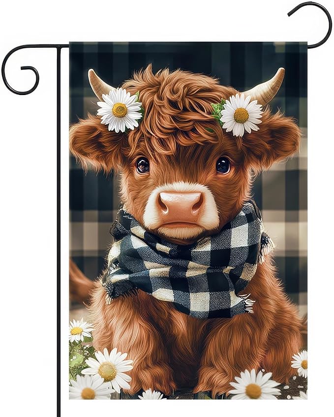 BlissYard Highland Cow Garden Flag 12x18 Inch Double Sided Plaid Daisy Yard Flags Floral Cow Farmhouse Flag Adorable Farm Animal Outdoor Decoration for Seasonal Summer Spring Yard Decor