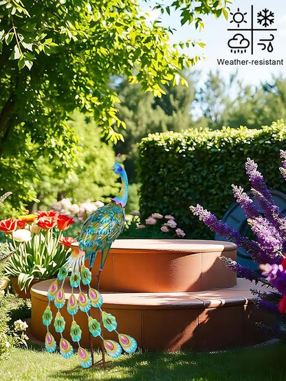 YEAHOME Garden Decor Outdoor Statues, 34" Large Metal Peacock Standing Yard Art, Blue Green Bird Lawn Sculptures Garden Decor for Outside Patio Porch Backyard