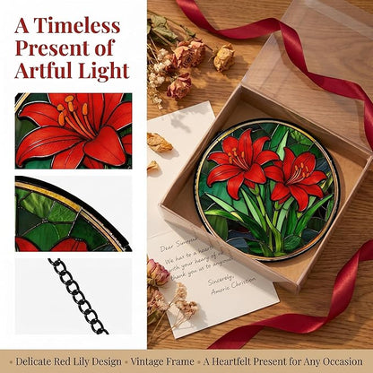 Stained Glass Window Hanging Red Lilies Suncatcher 8 Inch, Red Flower Glass Art Romantic Home Decor, Indoor Outdoor Wall Art, Birthday for Women Men