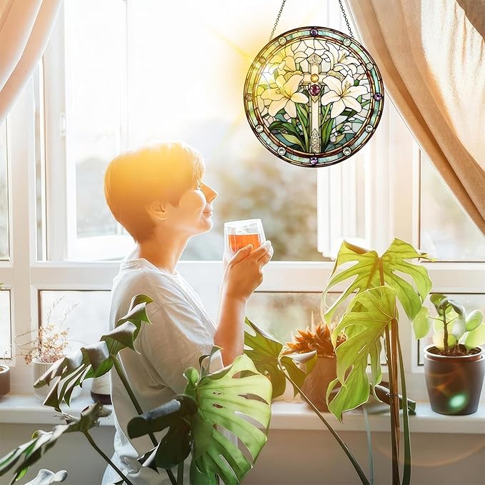 Bimkole Lily Stained Glass Suncatcher Window Hanging - Cross Indoor Window or Doorway Decoration - Handmade Sun Catcher Decor for Garden Home Christmas & Birthday Gifts 7.87x7.87 inch