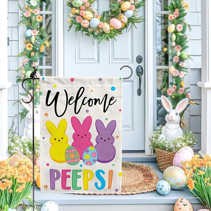 Easter Garden Flag (12x18) Double Sided - Welcome Bunny Spring Yard Flag - Easter Decorations Outdoor - Holiday Flag for Porch Patio Lawn Garden Decor