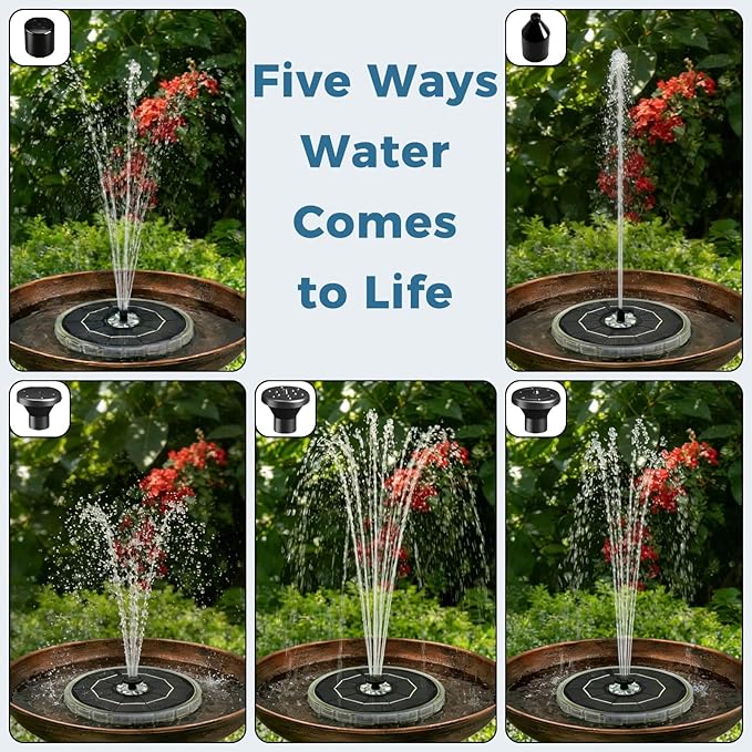 Solar Fountain for Bird Bath with Colorful LED Lights, Floating Solar Fountain, 3W Solar Powered Water Fountain Pump with Strong Spray & 5 Nozzles for Garden, Pond, Pool, 23 LED Lights