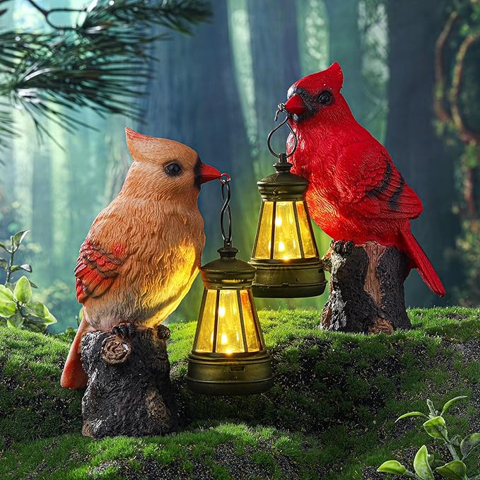 Suzile 2 Pcs Cardinal Gifts Red Cardinal Solar Light Cardinals Garden Decor Red Bird Figurine 6.3" Couple Cardinals Memorial Mothers Day Gifts Solar Light Statue for Memorial Balcony Yard Garden