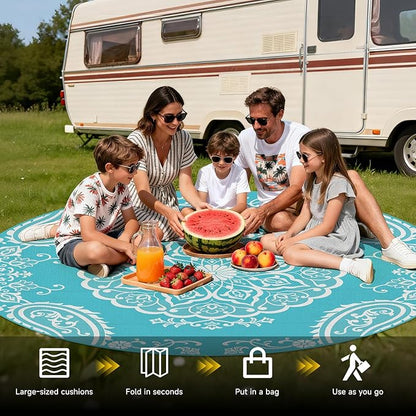 Pauwer Waterproof Outdoor Rug 8ft, Reversible Plastic Straw Patio Camping Rug, Indoor Outdoor RV Mat Carpet for Deck, Camper, Porch, Balcony, Backyard, Picnic, Boho Teal