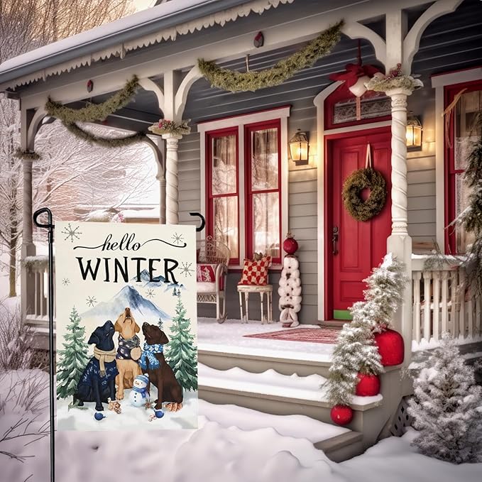 Hello Winter Garden Flag Double Sided Dog Retriever Retrievers Snowflake Burlap Yard Flag Rustic Farmhouse UV Fade Resistant Snow Man Small Garden Flags Front Porch Lawn Outdoor 12x18 Inch