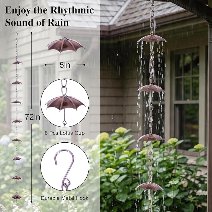 Rain Chains Metal Decorative 72" Adjustable Umbrella Rain Chain for Home Garden Patio Outdoor Decor, Functional and Decorative Replacement for Gutter Downspouts