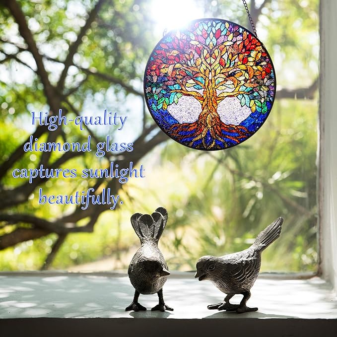 Double Sided Tree of Life Stained Glass Window Hanging, 7.9" Sun Catcher Panel, Green Plant Wall Art for Home & Garden, Unique Gift for Women & Men