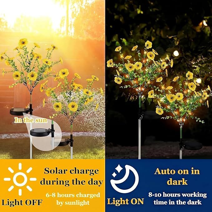 Glooglitter 2 Pack Solar Stake Lights Outdoor Decor Waterproof Mums Artificial Flowers Solar Lights for Outdoor Garden Yard Pathway Decor (Yellow,Violet)