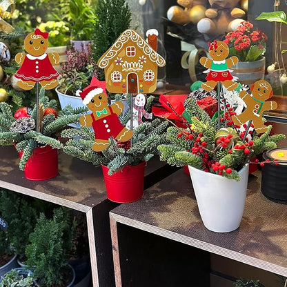 Roowest 5 Pack 12'' H Metal Christmas Yard Stakes Outdoor Decorations Gingerbread Man House Garden Signs Christmas Potted Plant Stakes for Holiday Winter Home Lawn Garden Porch Walkway Party Decor