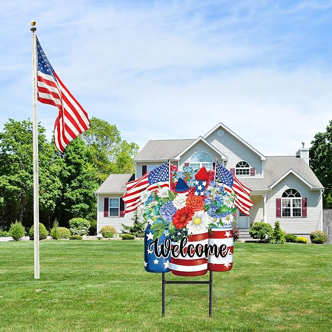 JarThenaAMCS Patriotic Flower Metal Garden Stakes 4th of July American Flag Floral Vase Decorative Lawn Sign Welcome Yard Sign for Independence Day Home Outside Decor