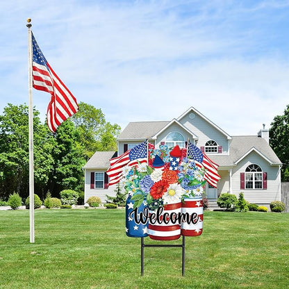 JarThenaAMCS Patriotic Flower Metal Garden Stakes 4th of July American Flag Floral Vase Decorative Lawn Sign Welcome Yard Sign for Independence Day Home Outside Decor