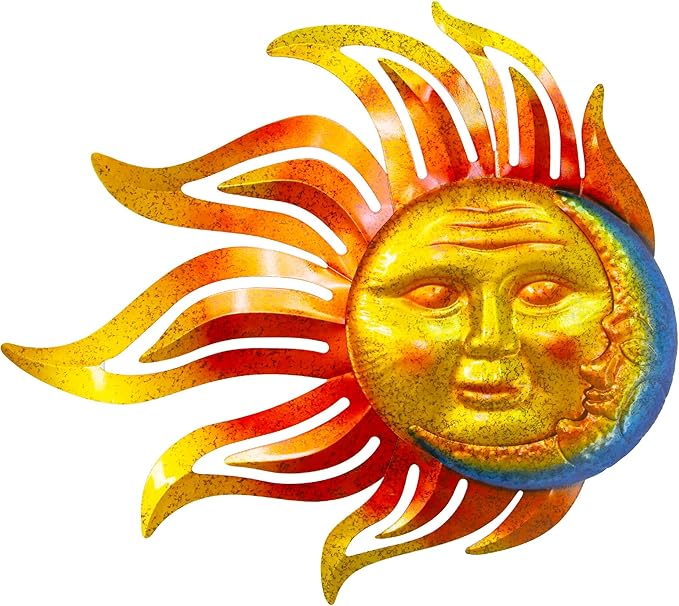 Large Flame Sun Wall Art Decor, 42 inch Metal Wall Decor, Retro Hanging Flame Sun Valentine Wall Decorations for Patio Yard Garden Fence Living Room Bedroom