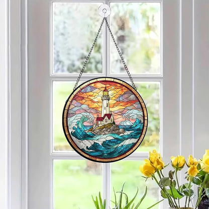 7.8" Lighthouse Suncatcher Stained Glass Window Hanging Ocean Light House Sun Catchers Blue Coastal Ornaments Wall Art Home Garden Room Door Decor Birthday for Women Men