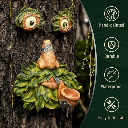 Flytime Tree Face Garden Decor with Bird Feeder - 12 Inch Whimsical Outdoor Statue, Weather Resistant Resin Tree Hugger Art for Yard & Garden