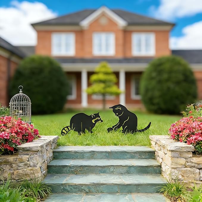 Decorative Garden Stakes for Outside,Metal Animal Silhouette Yard Art Set of 2,Cat & Raccoon Garden Decor for Garden, Lawn, Patio, Cute Outdoor Lawn Ornaments Animal Silhouette Statues