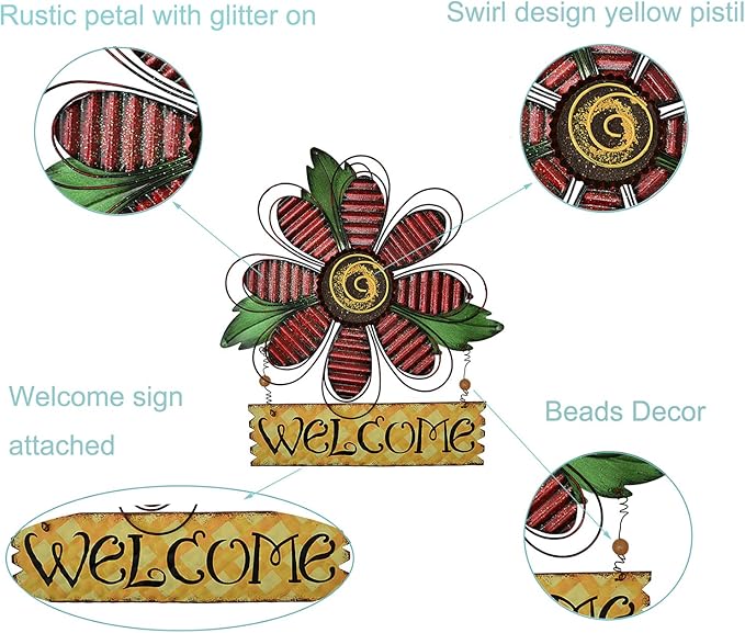 Vintage Flower Metal Welcome Sign Front Door Decor Hanging Wall Sign Indoor Outdoor Garden Hanging Sign 15.75x12.75" (Three colors)