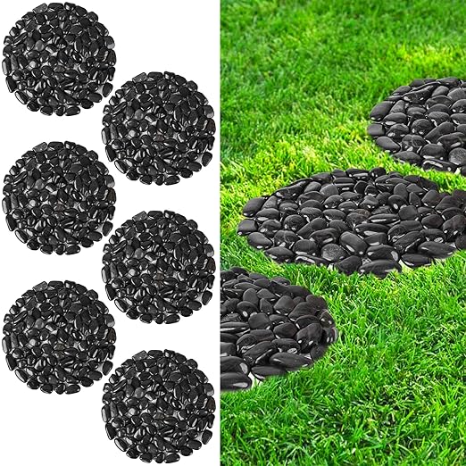 River Rock Stepping Stones Outdoor for Garden Walkway, 10 inch Diameter 6 Pcs Round Shape Paver Step Stones Polished Pebble River Stone Mat for Yard Lawn Patio Pathway Walk Way - Black