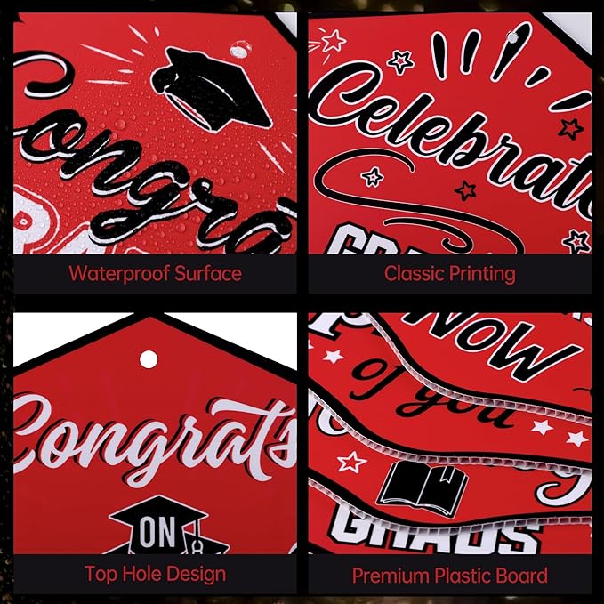 16 Pieces 2026 Graduation Yard Signs Plastic Congrats Grad Decor with 32 Stake and Ribbon Graduate Cap Hanging Yard Sign for Party Outdoor Lawn Pathway Walkway Decorations(Red)