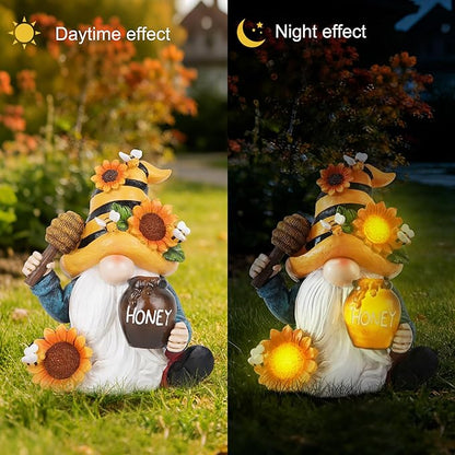 basen Bee Gnome Solar Garden Statue Outdoor Decor, Resin Gnome with Sunflower and Honey Jar, Solar Powered Lighted Yard Lawn Patio Porch Decoration, Waterproof Yard Art