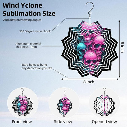 8 Inch Sublimation Wind Spinner, 3D Aluminum Metal Wind Spinner with Hook, Indoor Yard Garden Hanging Decoration, Weather Resistant Rotating Spiral Ornament, Neon Color Skulls