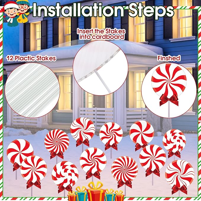 Glenmal 12 Pcs Christmas Outdoor Yard Signs Peppermint Corrugated Yard Decorations with Stakes and Bow Xmas Decorations Garden Sign Waterproof Cardboard Lawn Signs for Pathway Walkway (Peppermint)