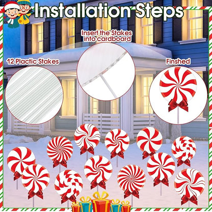 Glenmal 12 Pcs Christmas Outdoor Yard Signs Peppermint Corrugated Yard Decorations with Stakes and Bow Xmas Decorations Garden Sign Waterproof Cardboard Lawn Signs for Pathway Walkway (Peppermint)