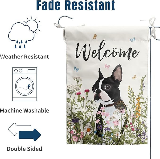 Spring Summer Garden Flag Floral Boston Terrier Yard Flag Flower Dog Garden Flags for Outside Small Outdoor Welcome Flags 12x18 Double Sided