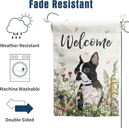 Spring Summer Garden Flag Floral Boston Terrier Yard Flag Flower Dog Garden Flags for Outside Small Outdoor Welcome Flags 12x18 Double Sided
