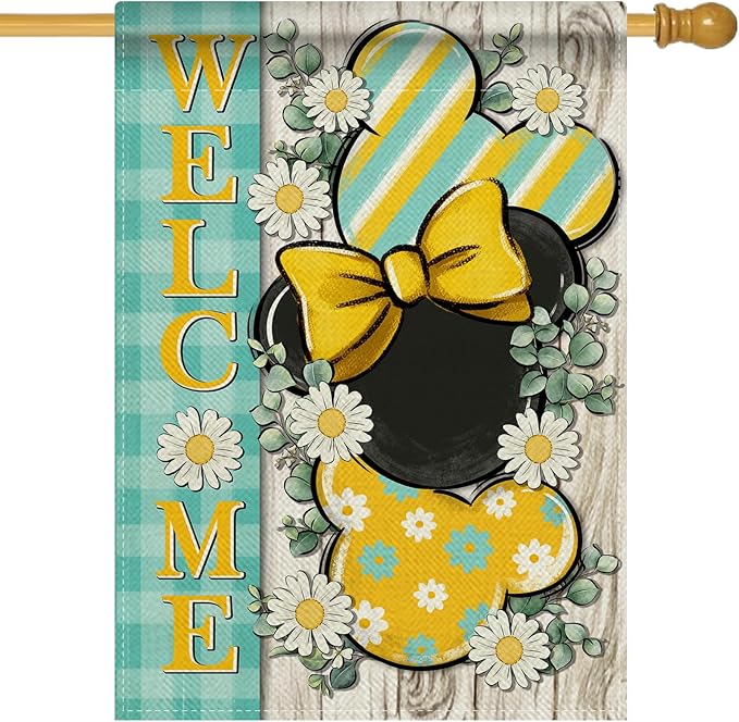 Welcome Spring Decorative House Flag, Daisy Flower Yellow Teal Plaid Stripes Garden Yard Outside Decorations, Summer Farmhouse Outdoor Large Home Decor Double Sided 28 x 40