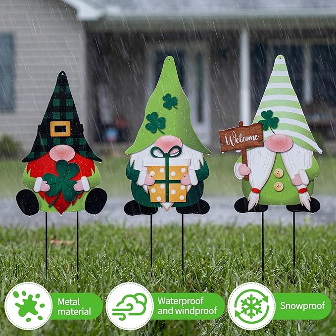 LEIFIDE 3 Pcs St. Patrick's Day Garden Decor for Outside, Metal Green Gnome Stakes, Saint Patricks Day Decorative Welcome Signs Stakes with Shamrocks for Outside Outdoor Irish Yard Lawn Backyard Porch
