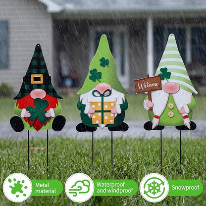 LEIFIDE 3 Pcs St. Patrick's Day Garden Decor for Outside, Metal Green Gnome Stakes, Saint Patricks Day Decorative Welcome Signs Stakes with Shamrocks for Outside Outdoor Irish Yard Lawn Backyard Porch