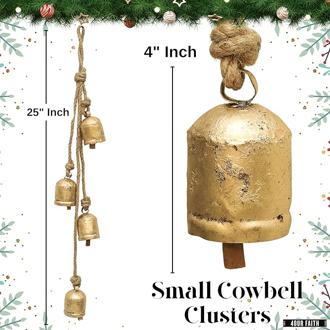 4 Small Rustic Vintage Cow Bells on Rope – Lucky Cow Bells Cluster, Handmade Metal Wall Hanging Décor for Home, Garden, Patio – Boho Farmhouse Bells on Rope Décor (Set of 4) (3 inch)