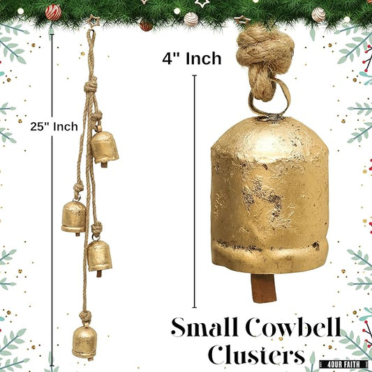 4 Small Rustic Vintage Cow Bells on Rope – Lucky Cow Bells Cluster, Handmade Metal Wall Hanging Décor for Home, Garden, Patio – Boho Farmhouse Bells on Rope Décor (Set of 4) (3 inch)
