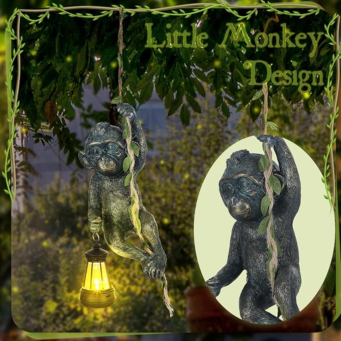 Rossesay Solar Light Outdoor Monkey Statues Bronze 7.48 Inch Resin Chimpanzee Baby Monkey Climbing on Vine with LED Lantern Waterproof Hanging Figurine with Hook for Yard Garden Wall