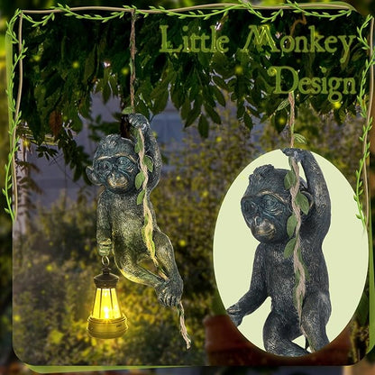 Rossesay Solar Light Outdoor Monkey Statues Bronze 7.48 Inch Resin Chimpanzee Baby Monkey Climbing on Vine with LED Lantern Waterproof Hanging Figurine with Hook for Yard Garden Wall