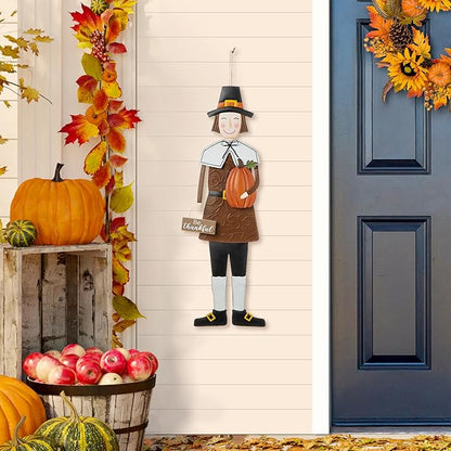 Glitzhome Thanksgiving Yard Stakes Metal Pilgrim Boy Yard Signs Hanging Wall Decors for Thanksgiving Fall Harvest Outdoor Decorations, 36" H