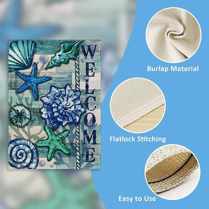 Home Decorative Welcome Summer Coastal Garden Flag, Nautical House Yard Tropical Conch Starfish Shell Beach Outside Decor, Spring Blue Ocean Sea Outdoor Small Decoration Double Sided 12x18