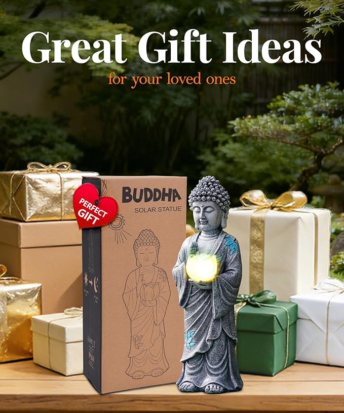 Nacome Solar Buddha Garden Statue Decor: Resin Zen Decor Waterproof Sitting Figurine with Lotus Flower Light Design for Outside Patio Lawn Yard Balcony - 11 inches(Gray)