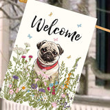 Floral Pug Garden Flag Spring Summer House Flags 28 x 40 Double Sided Flower Dog Yard Flags for Outside Large Outdoor Welcome Flags