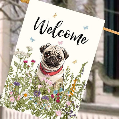 Floral Pug Garden Flag Spring Summer House Flags 28 x 40 Double Sided Flower Dog Yard Flags for Outside Large Outdoor Welcome Flags