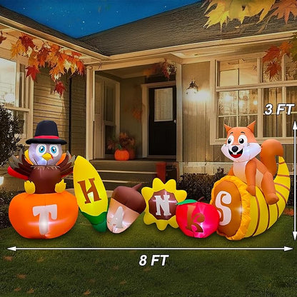 SEASONBLOW 8FT Thanksgiving Inflatable Turkey with Pumpkin Outdoor Decorations, LED Light Up Thanksgiving Blow Up Turkey with Corn Squirrel and Cornucopia for Celebrate Autumns Fall Harvest Yard Decor