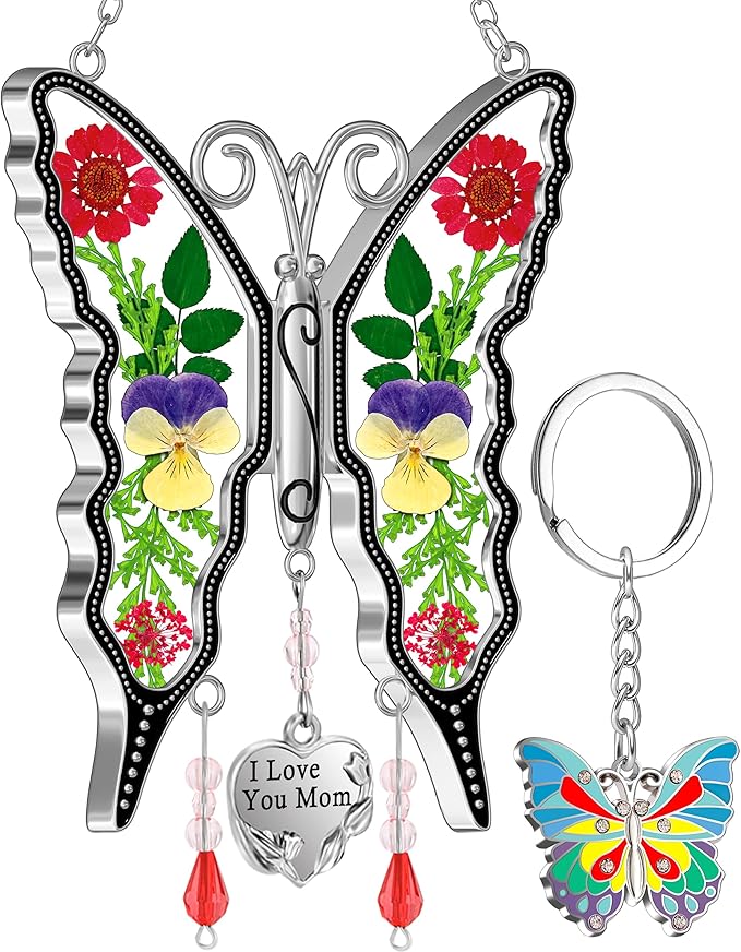 KY&BOSAM Gifts for Mom Suncatcher Butterfly Stained Glass Sun Catchers Window Hanging Wind Chime Ornament with Pressed Flowers I Love You Mom Heart Charm for Women Mother's Day Birthday Christms Decor
