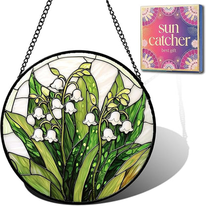 Birthday Gifts for Women - Lily of the Valley Faux Stained Glass Window Hanging Sun Catcher for Door Garden Acrylic Decor Mother's Day Christmas May for Mom Nana Grandma Sisters 7.8"