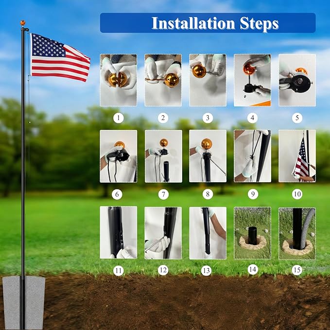 PHITRIC 11 Gauge Heavy Duty Flag Pole Kit, 25FT Extra Thick Aluminum Flagpole for Outside in Ground, with 3x5 American Flag, Residential or Commercial Use, 120 MPH Wind Resistant