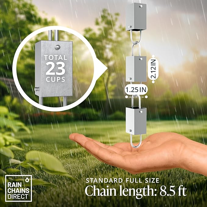 Rain Chains Direct - Square Link Rain Chain - 8.5 FT - Durable Milled Aluminum - Premium Rain Chains for Gutters
